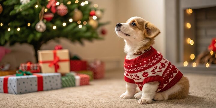 Golden Retriever Puppy by Christmas Fireplace with Tree Lights and Wrapped Gifts.