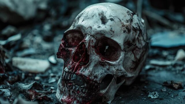 Video A close-up shot of a skull lying on the ground, great for Halloween or crime scene s