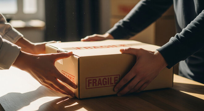 Hands Exchanging Fragile Package on Wooden Table, Delivery Service Concept