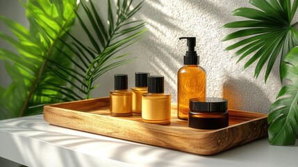 Obraz premium Amber bottles, wooden tray, sunlit bathroom, tropical leaves, skincare mockup