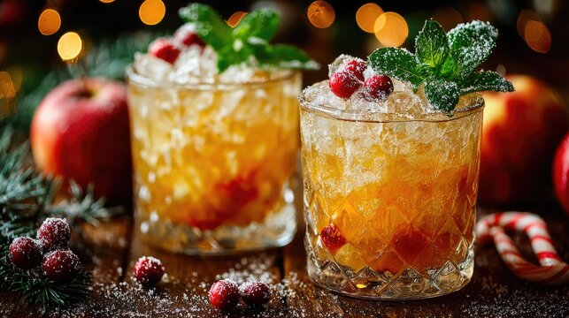 Christmas Whiskey Cocktails with Cranberries and Mint - Powered by Adobe