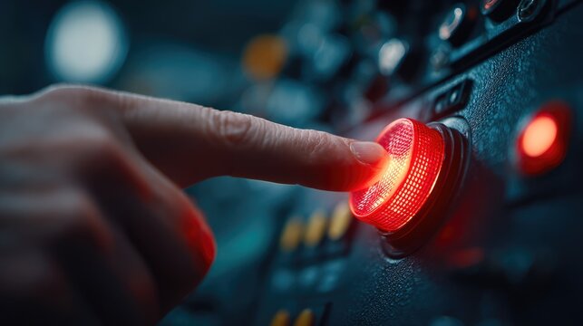 Finger Pressing Red Emergency Button on Control Panel - Powered by Adobe