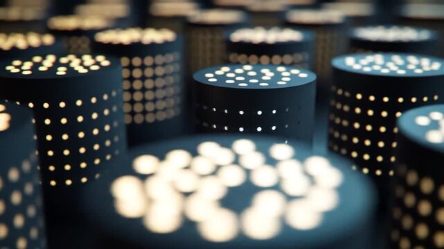 Illuminated cylindrical objects with patterned surfaces. Some have lights on top. Abstract composition