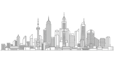 Obraz premium Dynamic city skyline in black and white line art illustration, depicting modern urban architecture and famous landmarks.