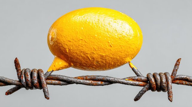 Bright Yellow Lemon Balancing on Rusty Barbed Wire in Conceptual Still Life