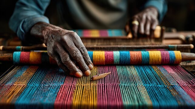 Skilled Artisan Weaving Vibrant Patterned Textile on Traditional Loom