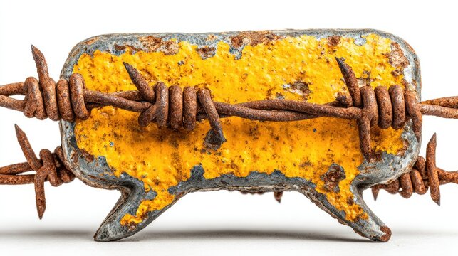 Rusted Metal Speech Bubble Wrapped in Barbed Wire as Conceptual Symbol - Powered by Adobe