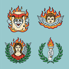 Traditional Tattoo Flash Set: Flaming Joker Card, Cherub, Angel, and Torch of Triumph in Laurel Wreaths