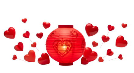 Red Lantern with Hearts 3d rendered, isolated on transparent background