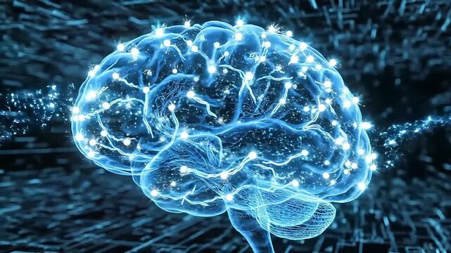 Artificial intelligence glowing in futuristic room, wireframe brain illuminated. Suitable for technology, ai, innovation concepts in design projects.