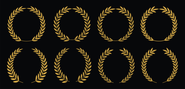Eight golden laurel wreaths arranged in various positions. Golden laurel wreath for winner.  Victory and success concept. Vector art of golden laurel wreath symbol of victory and achievement