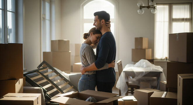 Couple Embracing Amidst Moving Boxes in New Home