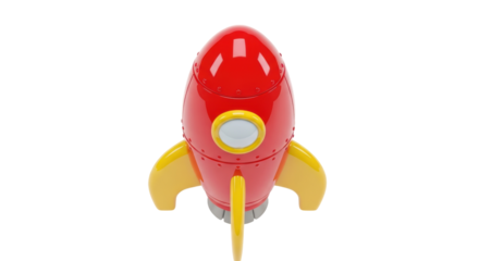 Red and yellow cartoon rocket PNG isolated on transparent background, fun spaceship for kids and space exploration themes