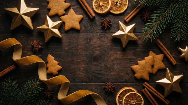 Rustic wooden background with traditional Christmas star and sweet gingerbread cookie decorations - Powered by Adobe