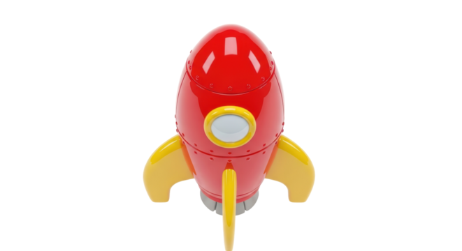 Red and yellow cartoon rocket PNG isolated on transparent background, fun spaceship for kids and space exploration themes