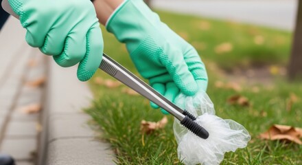 Person picking up trash, showing hands in green gloves with tongs collecting a plastic bag. Picking up trash is an action to keep our environment clean from garbage.