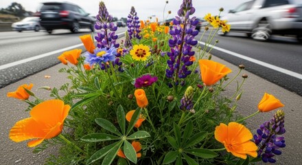Wildflowers on highway median create contrast. Wildflowers add touch of nature, with vibrant colors and textures, amid busy road traffic, making striking contrast with passing cars.