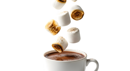 Falling Marshmallows into Hot Chocolate, isolated on transparent background