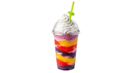 Colorful layered smoothie with whipped cream and straw isolated PNG, refreshing summer drink on transparent background
