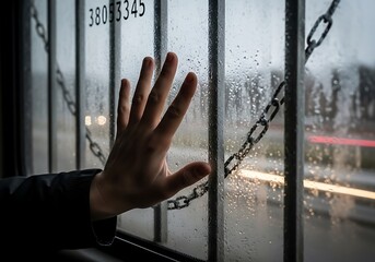 Hand on a window with raindrops, feeling trapped and longing for freedom