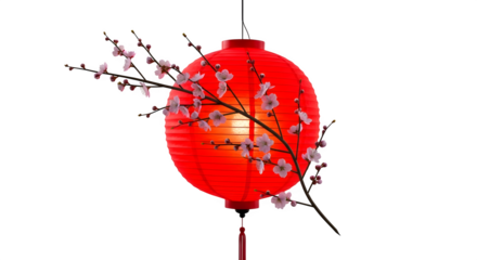 Red Lantern with Cherry Blossoms 3d rendered, isolated on transparent background