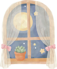 Night Window with Moon and Stars &ndash; Watercolor Nursery Clipart