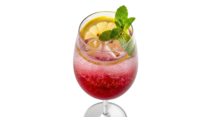 Refreshing red cocktail with lemon and mint isolated PNG, summer drink on transparent background for party invitations and menu design