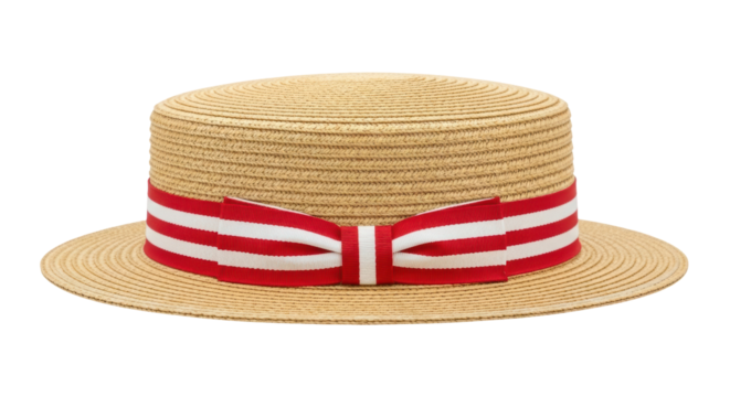 Classic straw boater hat with red and white striped ribbon isolated PNG, vintage summer headwear for fashion and sunny day out