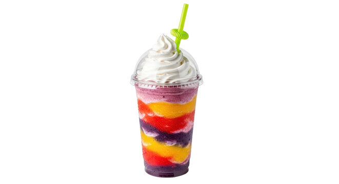Colorful layered smoothie with whipped cream and straw isolated PNG, refreshing summer drink on transparent background