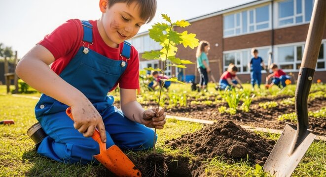 Planting tree on schoolyard with happy smiling boy in action. Planting tree for Earth Day celebration shows the joy of preserving nature and improving environment.