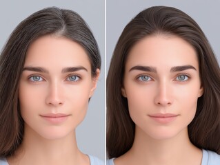Eyebrow transformation showcasing two different styles on a model with long hair, emphasizing beauty and grooming techniques for personal care and aesthetic enhancement