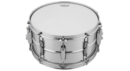 Chrome snare drum isolated PNG, percussion instrument for rock and jazz music on transparent background, musical equipment for drummers