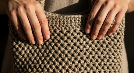 Woven bag held by hands, showing texture and craftsmanship, presents simple design. Showing bag with focus on its intricate weave details and organic material.