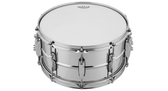 Chrome snare drum isolated PNG, percussion instrument for rock and jazz music on transparent background, musical equipment for drummers