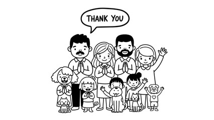 Family Expressing Gratitude with Pets A Heartfelt Thank You Illustration