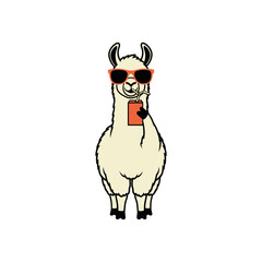 Cool llama wearing sunglasses drinking a beverage silhouette isolated on white background
