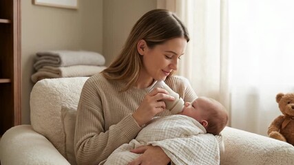 Caring mother feeds her baby a bottle in a warm and cozy living room setting