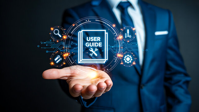 Businessperson presenting digital hologram with “USER GUIDE” book icon and interface tools for support and configuration - Powered by Adobe