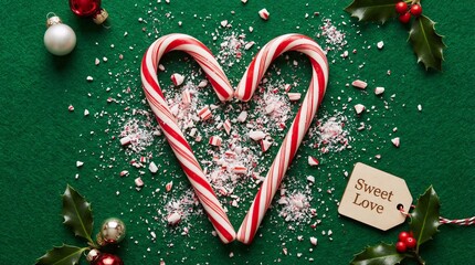 Red heart ornament on a pine branch for Christmas tree decoration on a wooden background