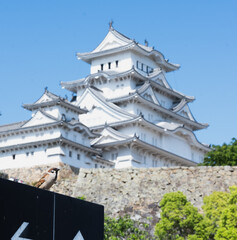 Sparrow resting near Himeji Castle under a clear blue sky
