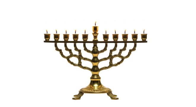 Golden Hanukkah Menorah with Lit Candles, isolated on transparent background