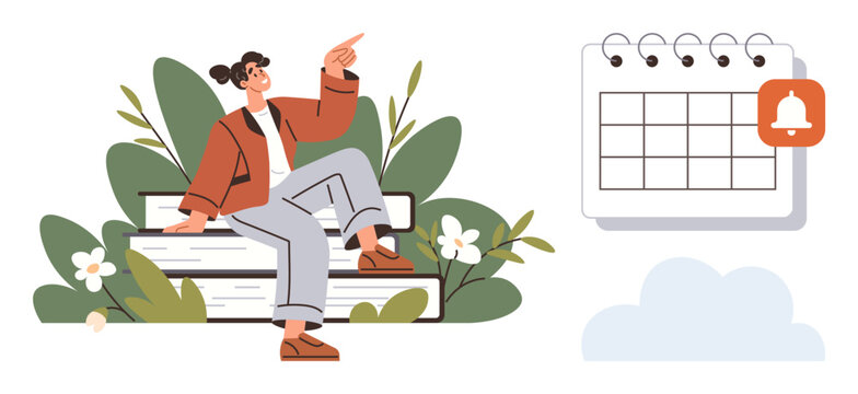 Confident woman sitting on a bench amidst greenery, pointing upward with a notification calendar reminder nearby. Ideal for productivity, reminders, planning, time management, organization, nature