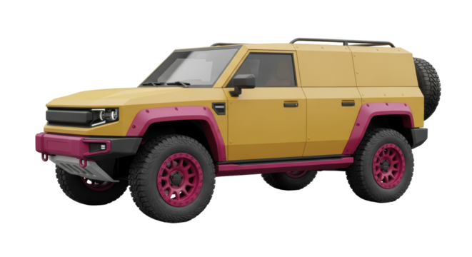 Yellow off-road vehicle PNG isolated on transparent background, custom SUV with pink accents for adventure and automotive design