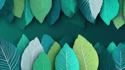 Abstract seamless gradient leaf pattern background with white linear foliage on green to blue blend, versatile botanical design for packaging, textiles, and branding