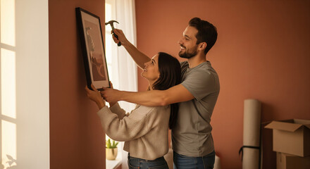 Couple Hanging Framed Artwork Together on Warm Colored Wall in New Home