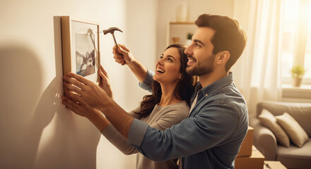 Couple Hanging Picture Frame on Wall Together in New Home