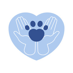 Cupped hands and a paw print in the centre of a heart shape. Blue and white simple flat vector style. Animal shelters emblem, pet adoption campaign logo, veterinary services print.
