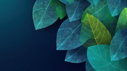 Bright blue green gradient background with single detailed leaf cluster in the corner, modern botanical minimalist design for posters, headers, presentations, and eco branding