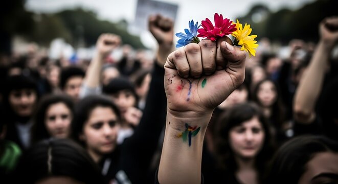 Crowd of protestors raising fists with flowers in hand during demonstration