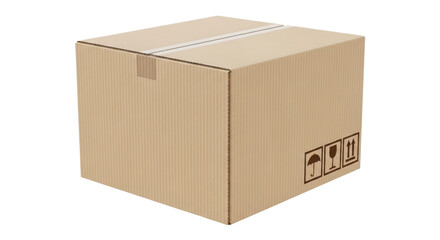 Cardboard box isolated PNG, brown corrugated container with fragile handling symbols for shipping and storage on transparent background